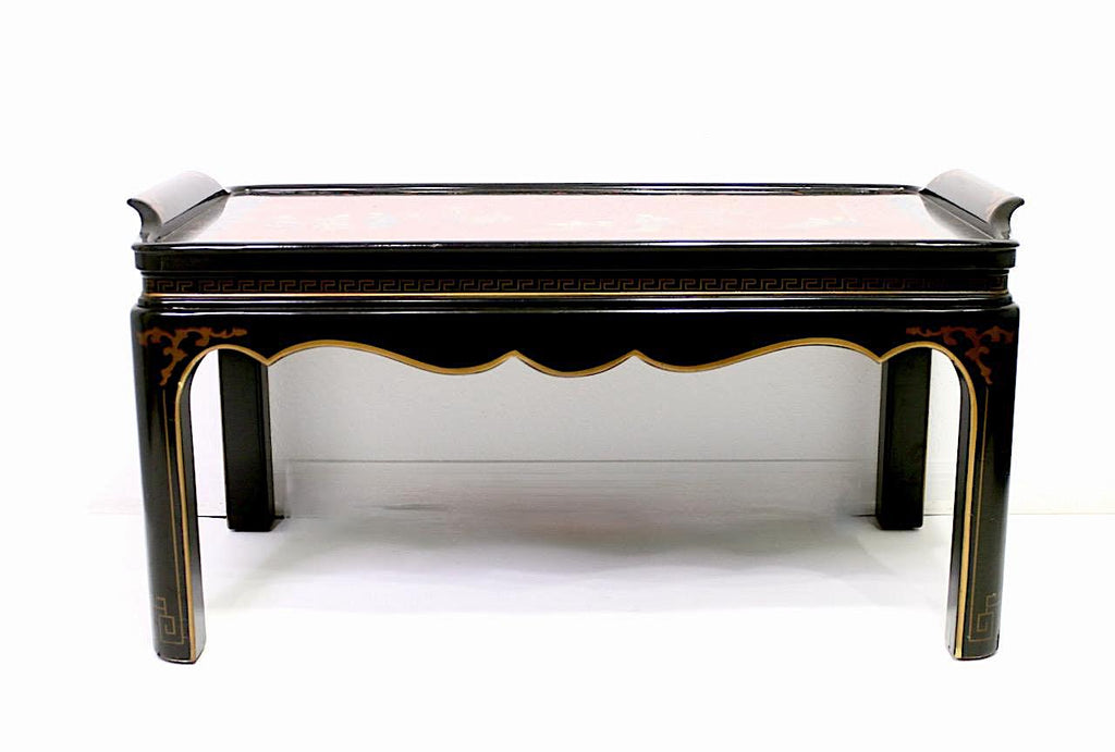 Drexel Heritage Black & Red Lacquer Chinoiserie Coffee Table With Hand  Painted Scenic Top