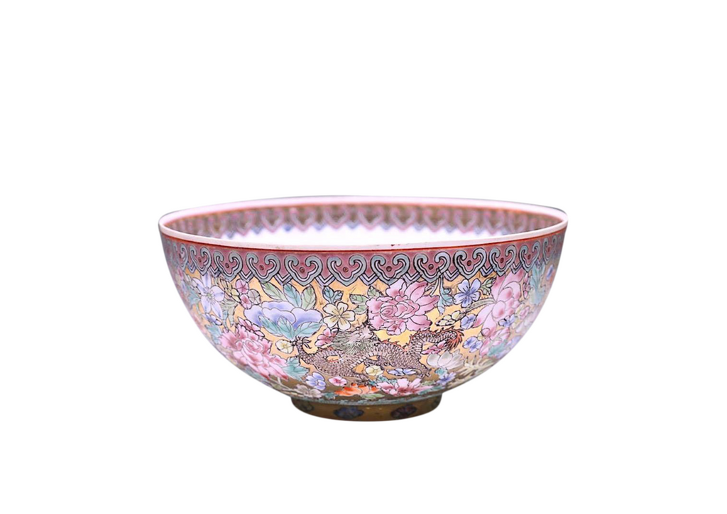 Large Butterfly and Floral Porcelain Bowl With Gilt Accents