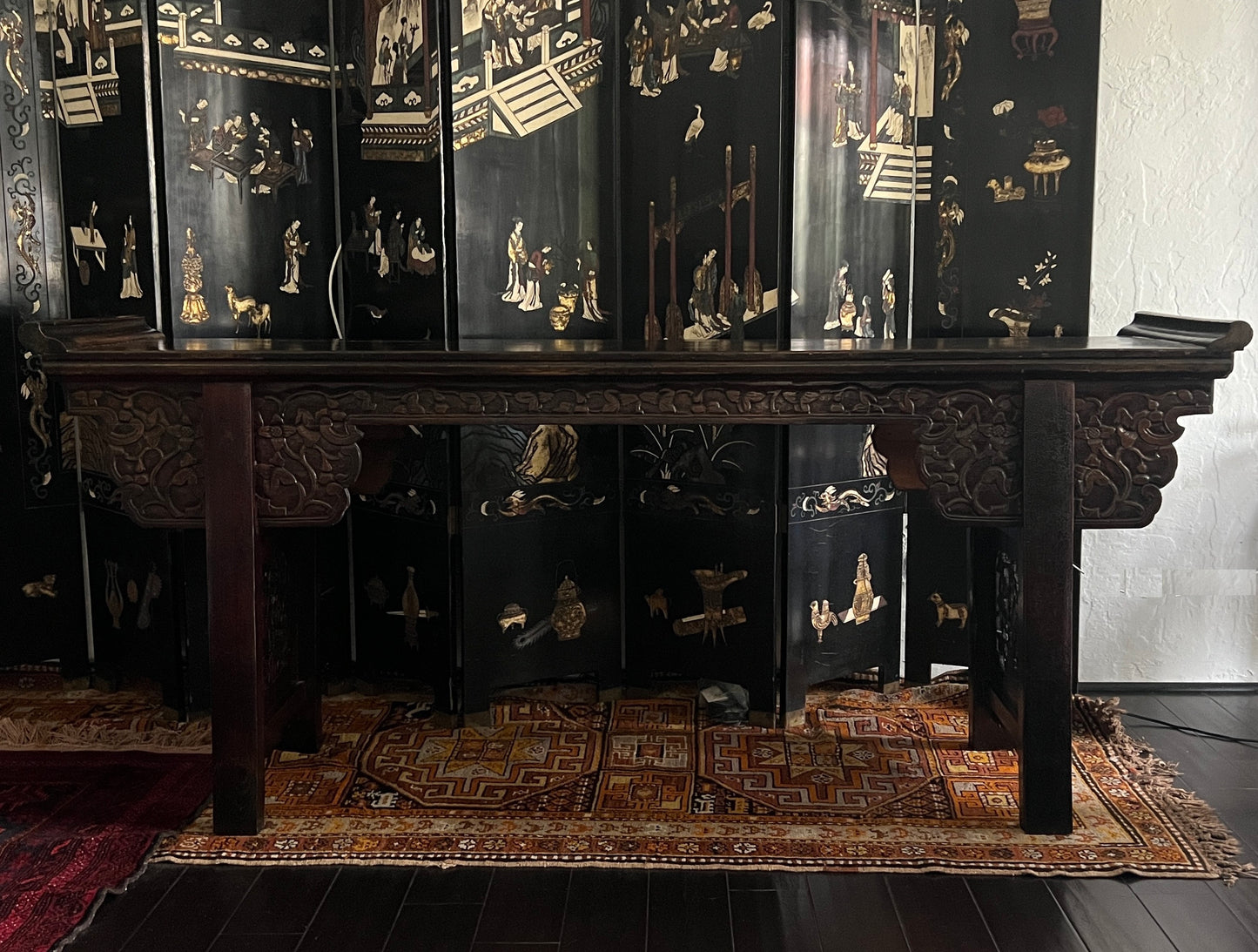 Impressive Antique Qing Dynasty Hand Carved Chinese Elm Wood Altar Table or Console / Hallway Table