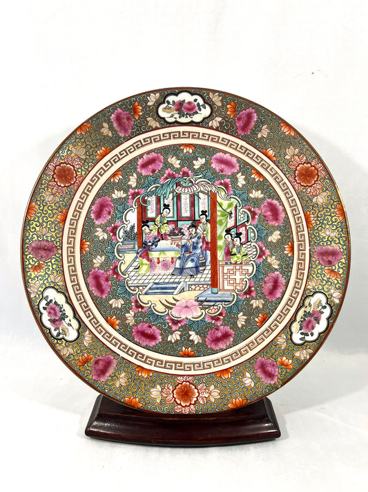 Large Chinese Porcelain Gilt Charger / Decorative Plate With Figural Scene & Pink and Orange Flowers