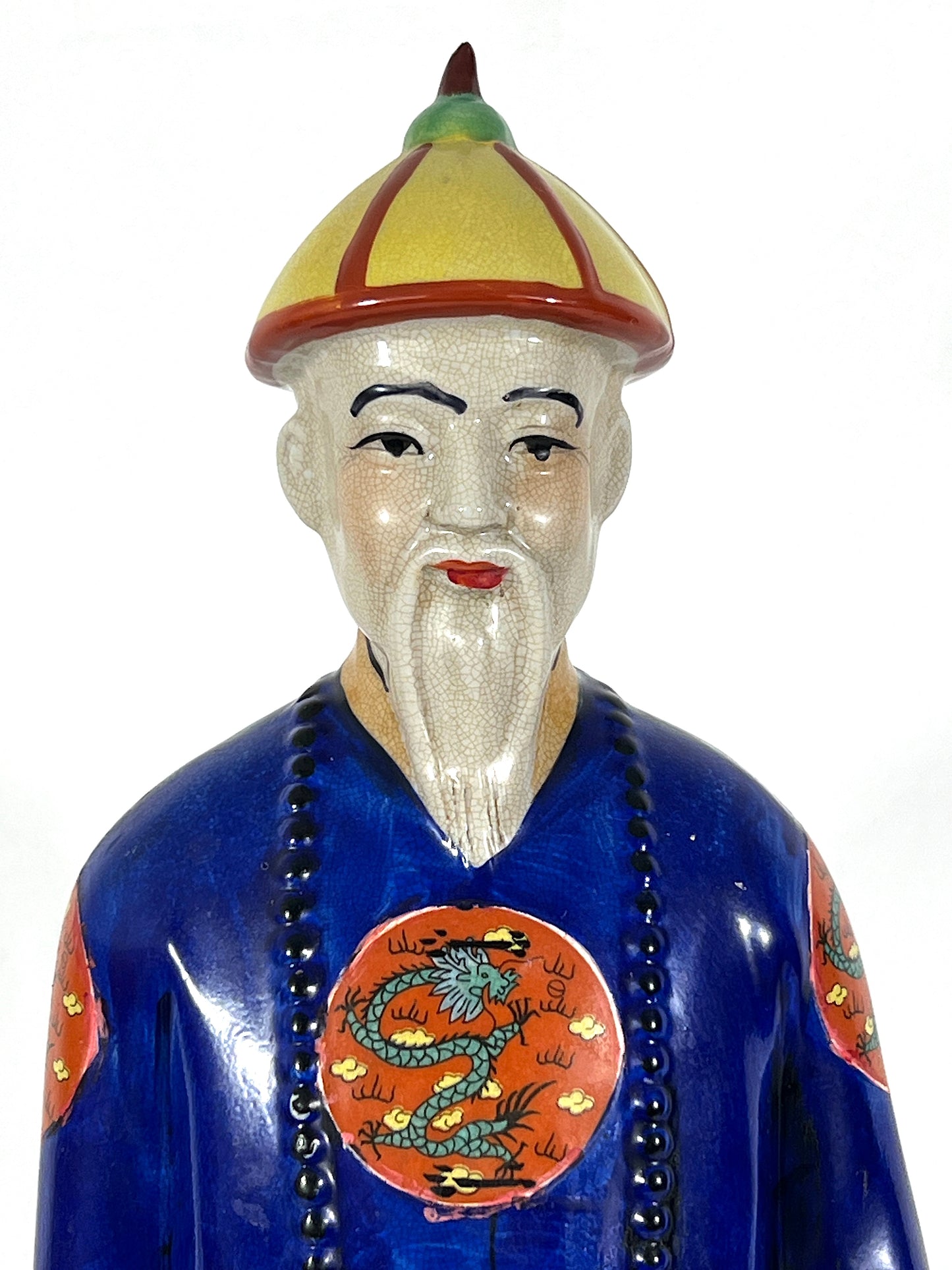 Large Vintage Chinese Republic Period Crackle Glazed Figure of a Qing Scholar of Calligraphy