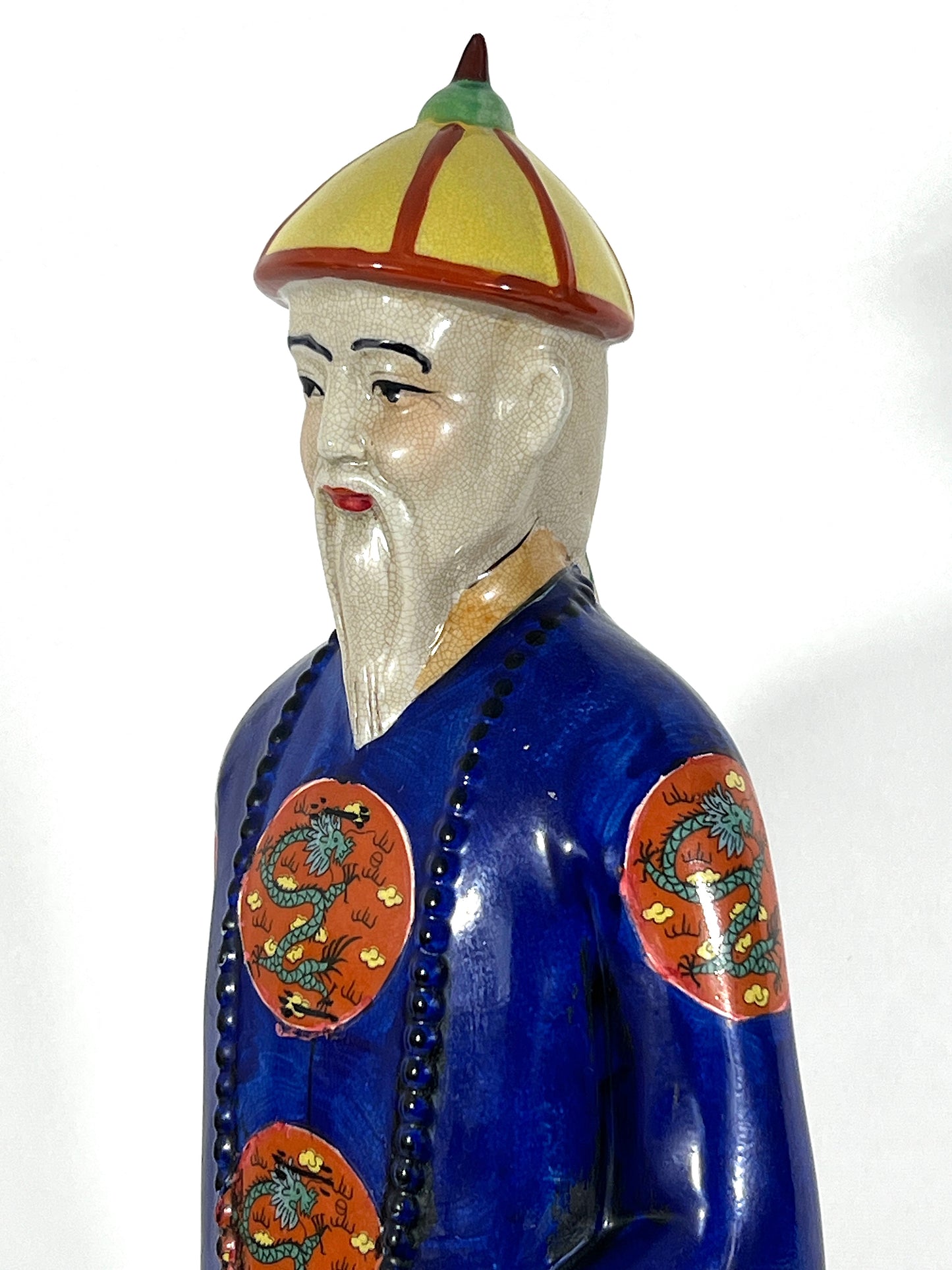 Large Vintage Chinese Republic Period Crackle Glazed Figure of a Qing Scholar of Calligraphy