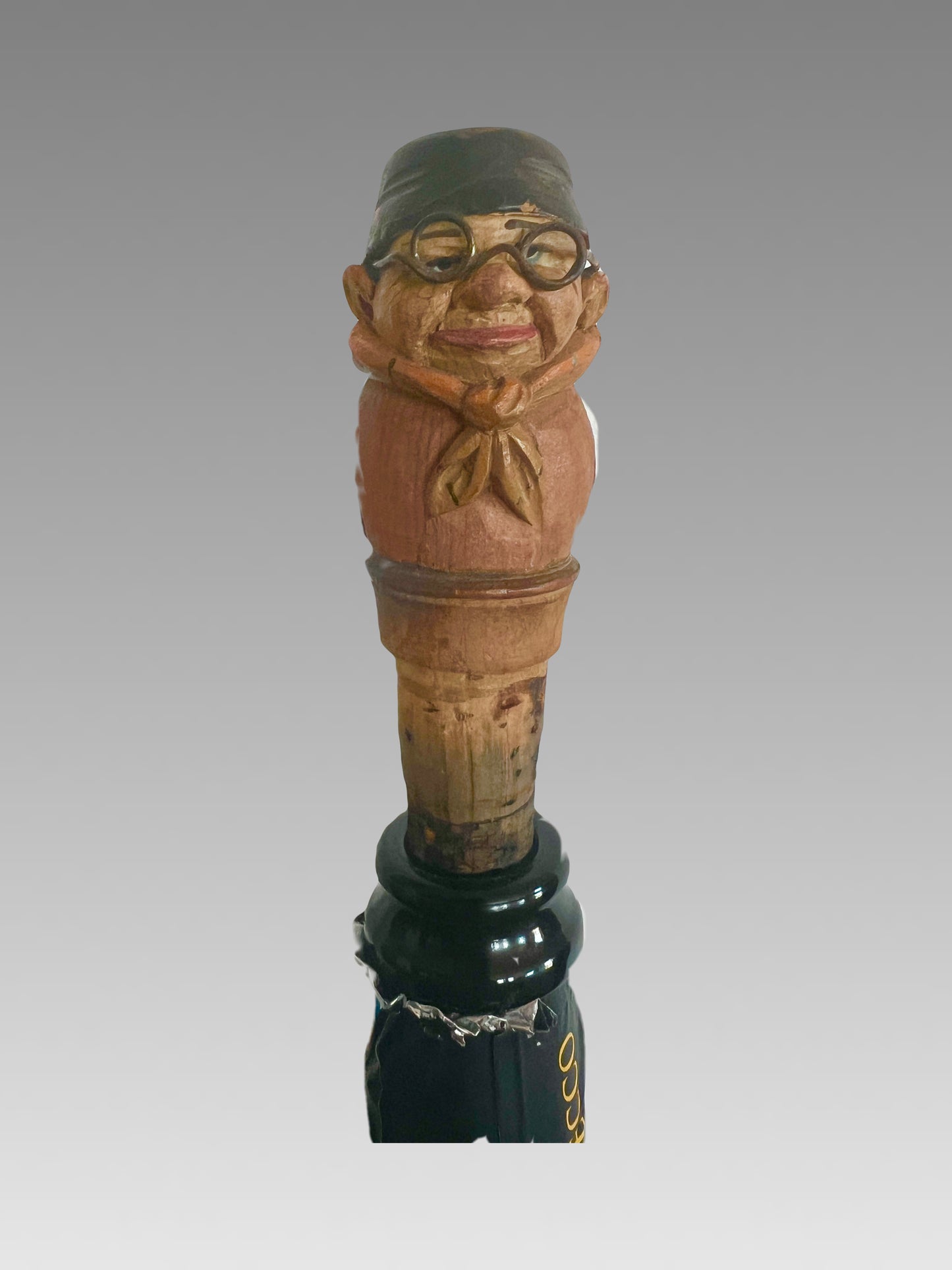 Antique Cork Bottle Stopper in the Form of a Hand Carved Bespectacled Man