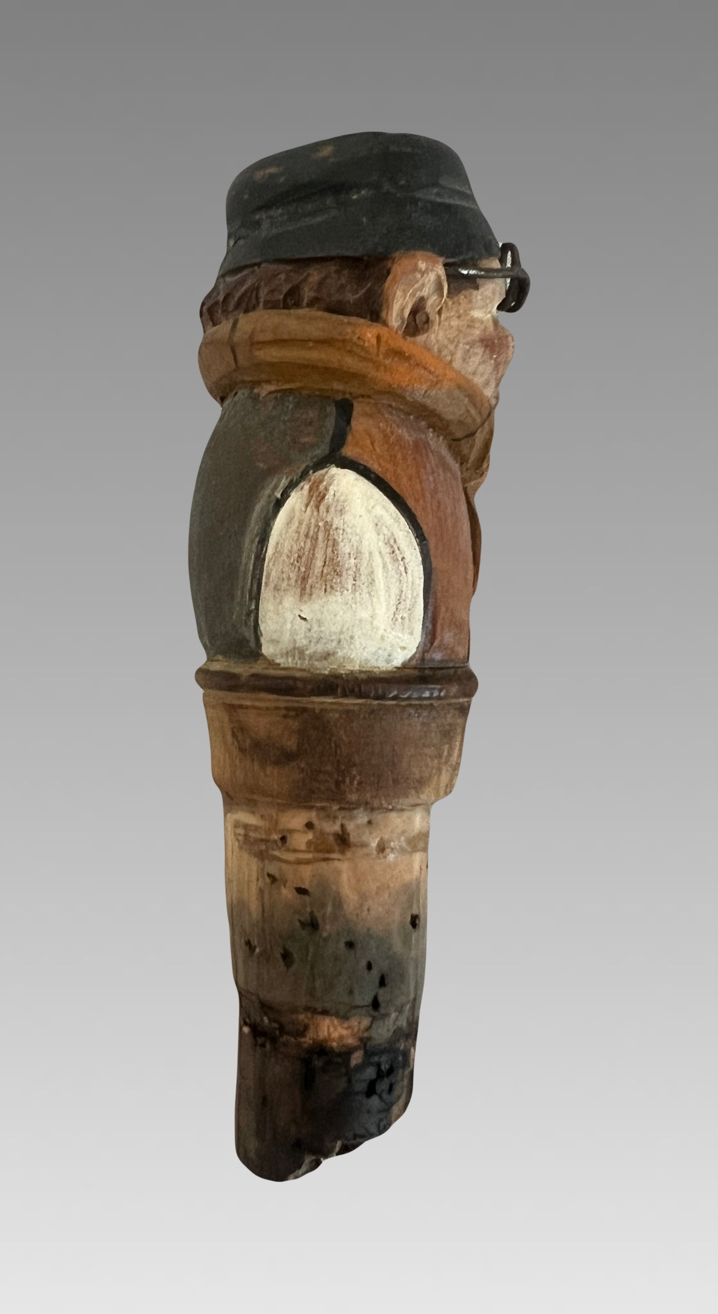 Antique Cork Bottle Stopper in the Form of a Hand Carved Bespectacled Man