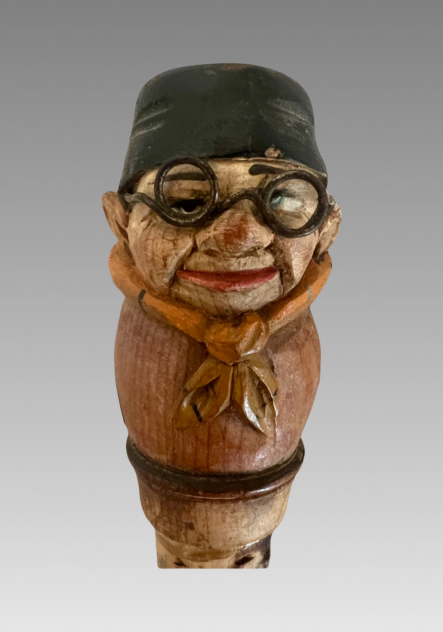 Antique Cork Bottle Stopper in the Form of a Hand Carved Bespectacled Man