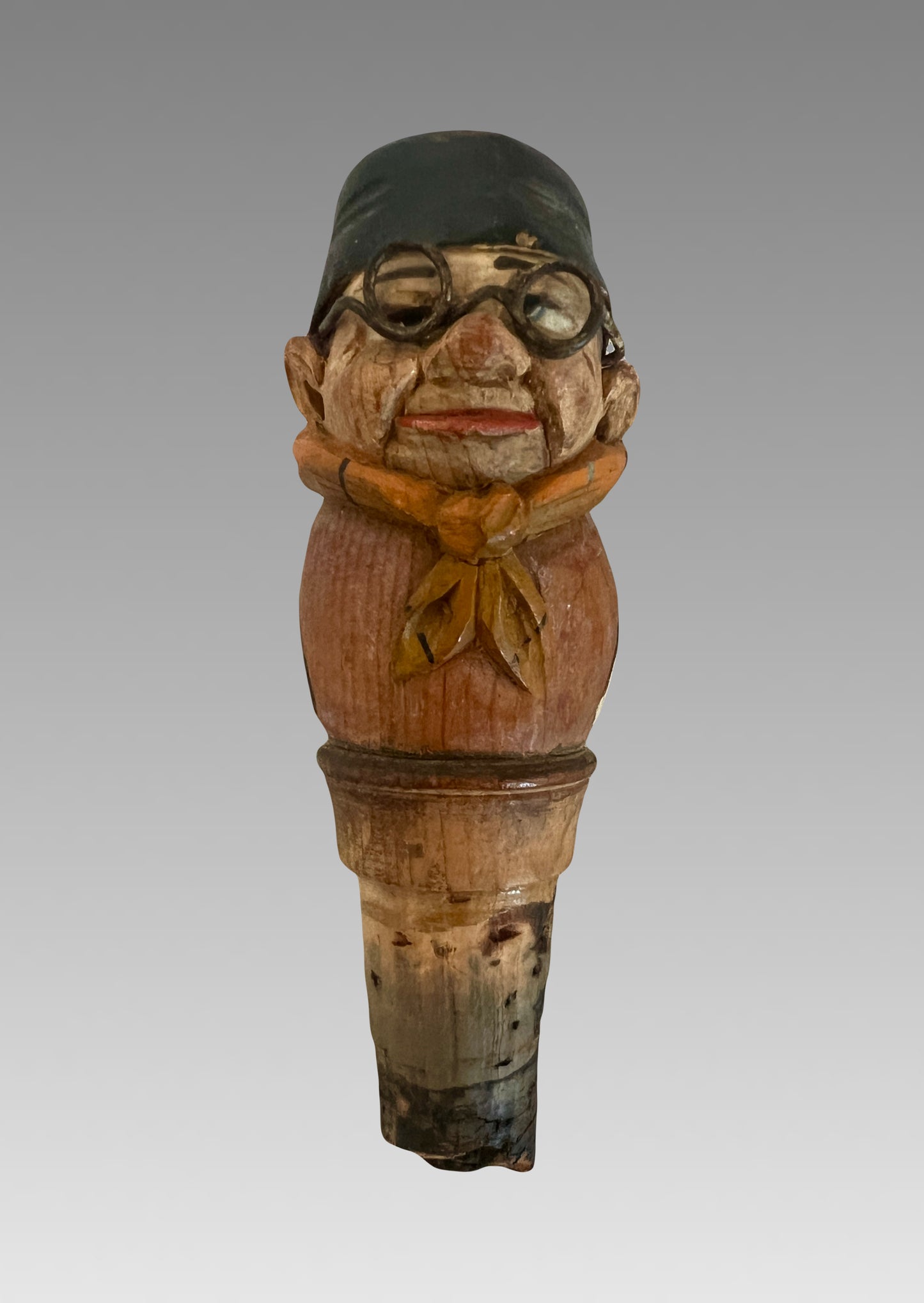 Antique Cork Bottle Stopper in the Form of a Hand Carved Bespectacled Man