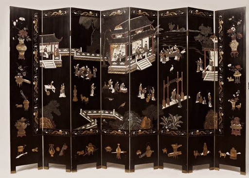 Antique Eight Panel Chinese Export Coromandel Black Lacquer Figural & Landscape Screen / Large Room Divider - The Garden Pavilion