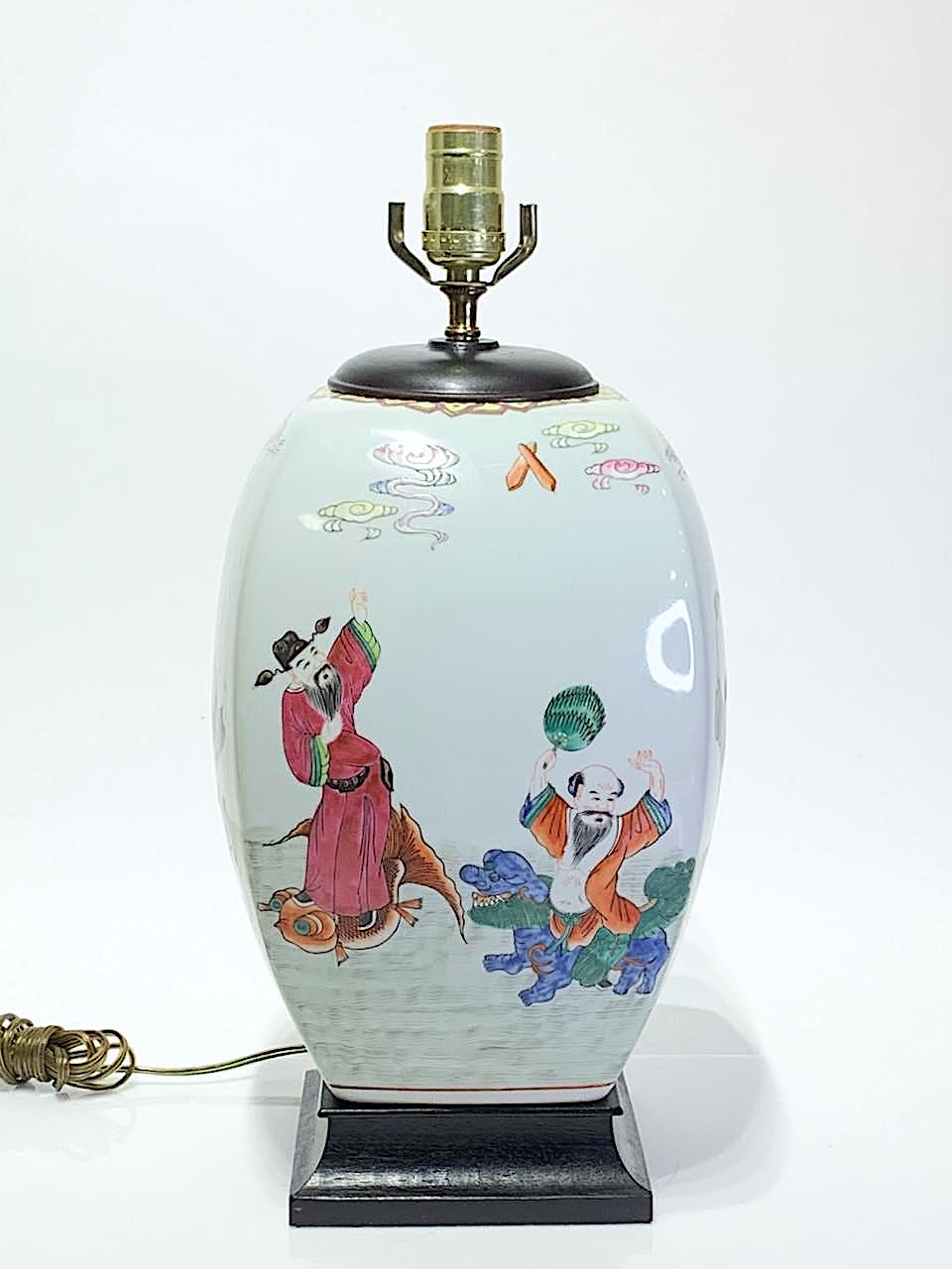 Vintage Chinese White Porcelain Famille Rose Figural Ginger Jar Table Lamp