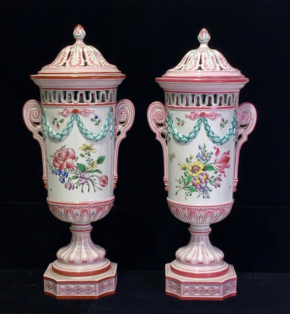 Early 20th Century French Faience Neoclassic Pink and White Lidded Porcelain Urns by K. G. Luneville - a Pair