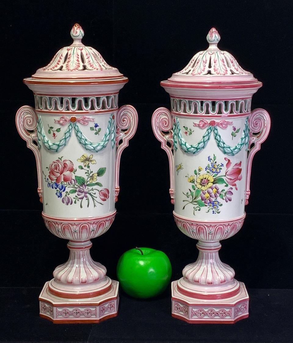 Early 20th Century French Faience Neoclassic Pink and White Lidded Porcelain Urns by K. G. Luneville - a Pair