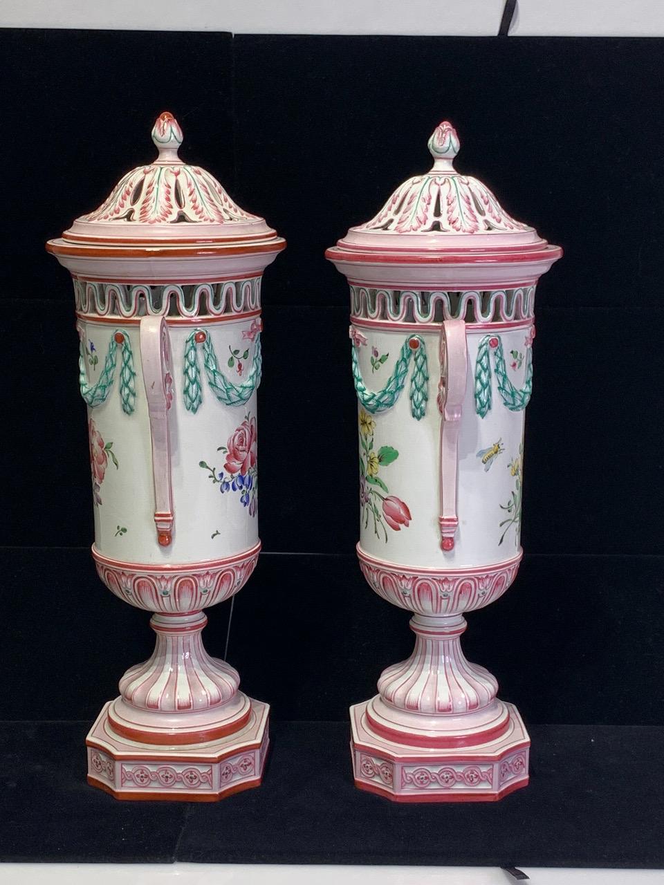 Early 20th Century French Faience Neoclassic Pink and White Lidded Porcelain Urns by K. G. Luneville - a Pair