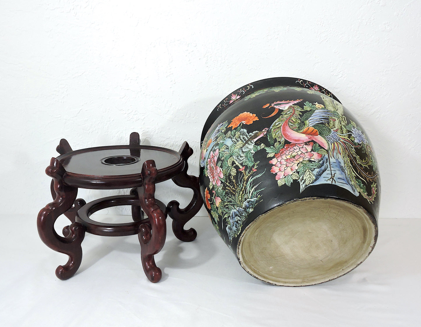 Early 20th Century Family Noire Black Chinese Porcelain Planters With Goldfish & Phoenix Birds - a Pair, on Rosewood Stands