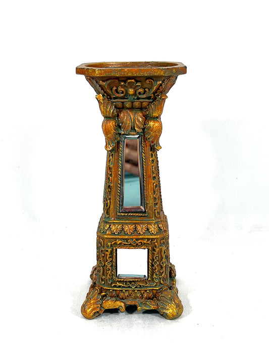 Ornate Gold Candle Stick with Bevelled Edged Glass Mirror Accents