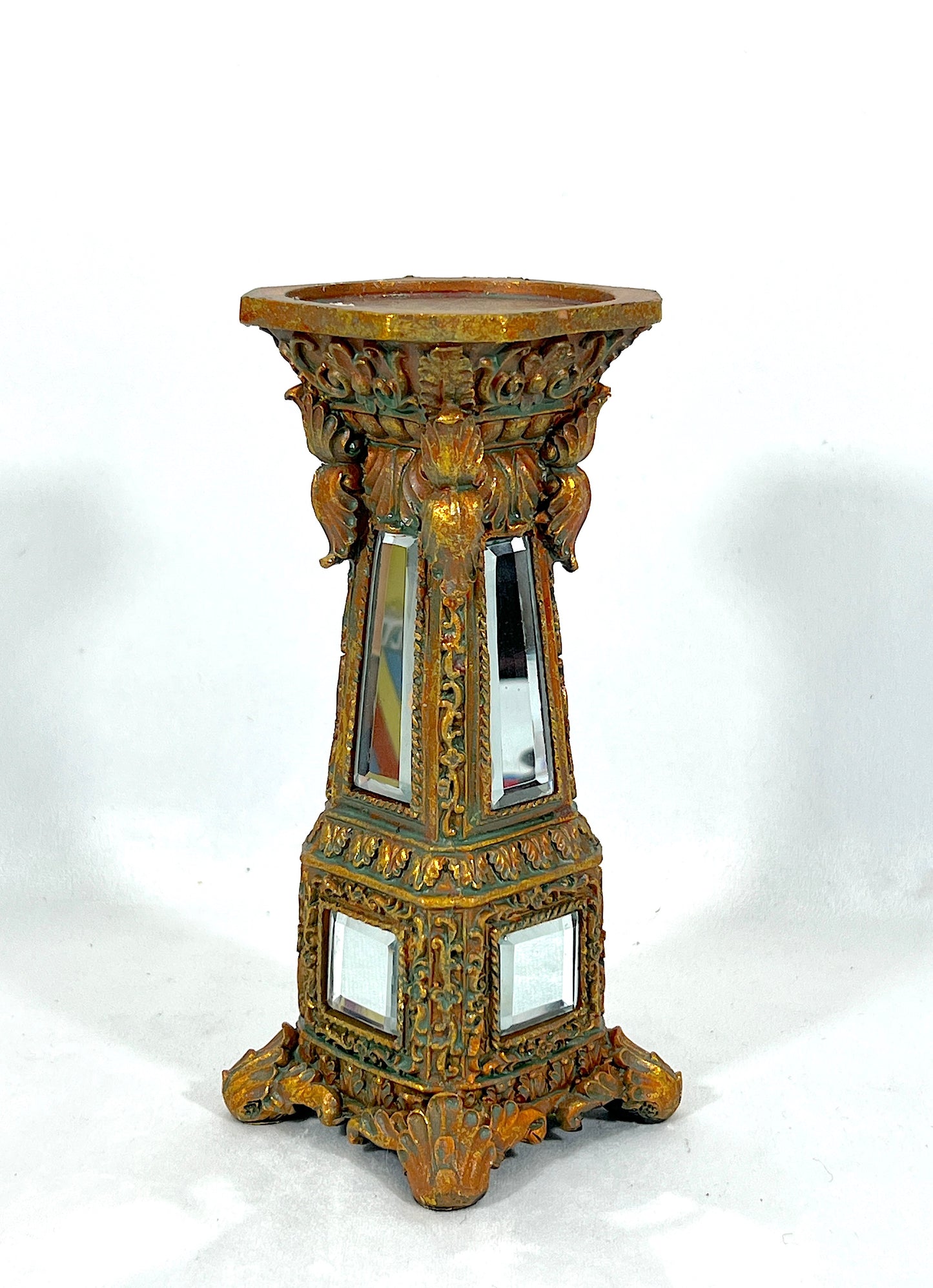 Ornate Gold Candle Stick with Bevelled Edged Glass Mirror Accents