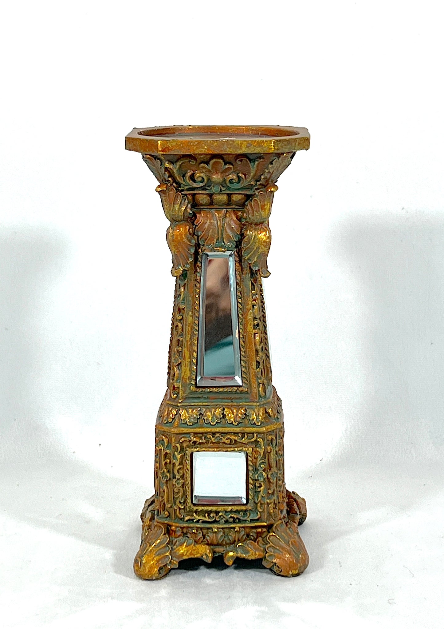 Ornate Gold Candle Stick with Bevelled Edged Glass Mirror Accents