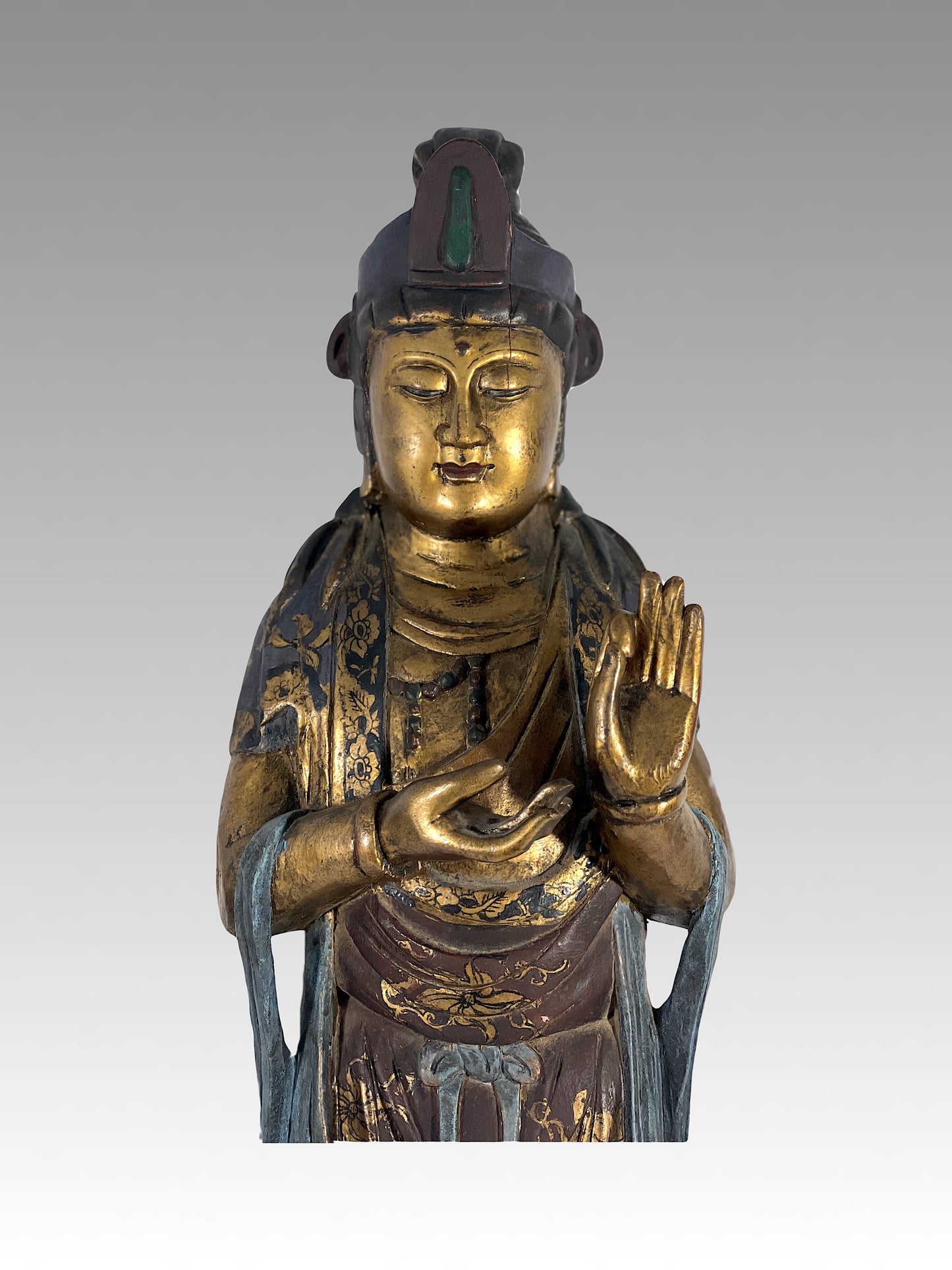 Late Qing Lacquer & Polychrome Carved Wood Figure of Guan Yin, Chinese Goddess of Compassion & Mercy Circa 1890