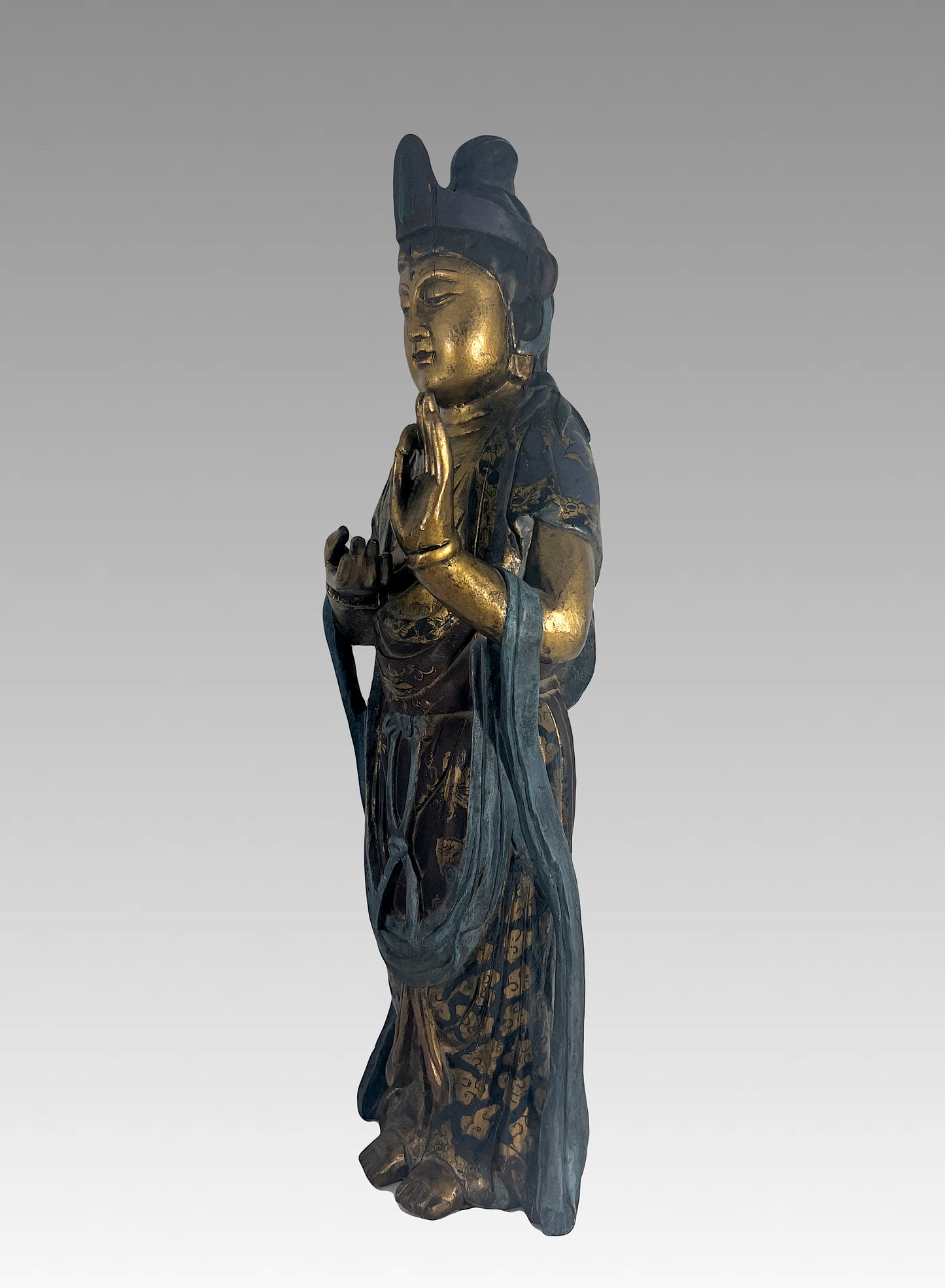 Late Qing Lacquer & Polychrome Carved Wood Figure of Guan Yin, Chinese Goddess of Compassion & Mercy Circa 1890