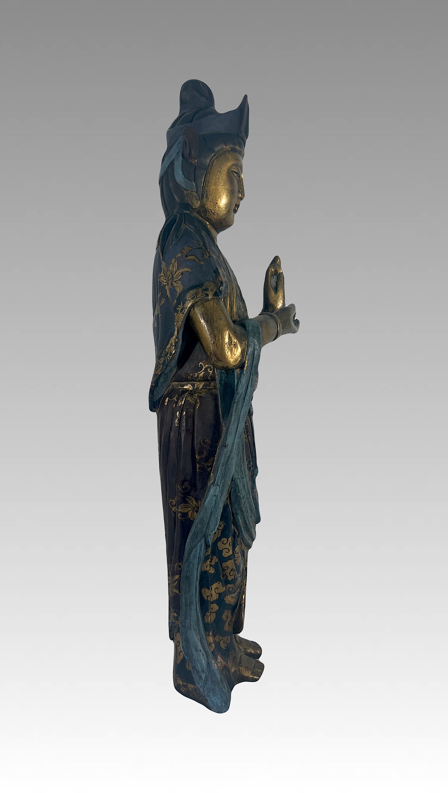 Late Qing Lacquer & Polychrome Carved Wood Figure of Guan Yin, Chinese Goddess of Compassion & Mercy Circa 1890