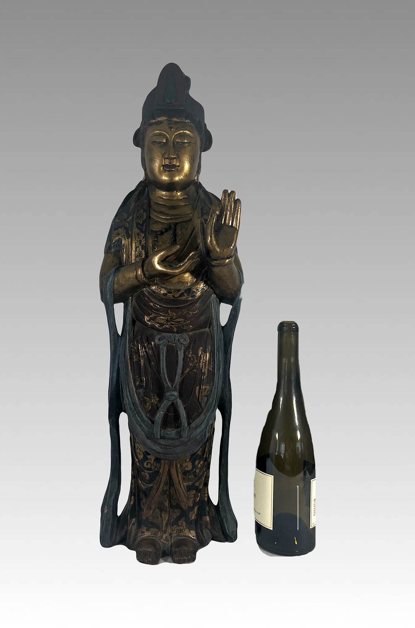 Late Qing Lacquer & Polychrome Carved Wood Figure of Guan Yin, Chinese Goddess of Compassion & Mercy Circa 1890