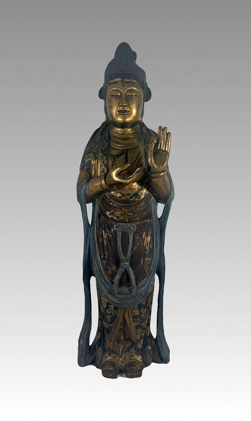 Late Qing Lacquer & Polychrome Carved Wood Figure of Guan Yin, Chinese Goddess of Compassion & Mercy Circa 1890