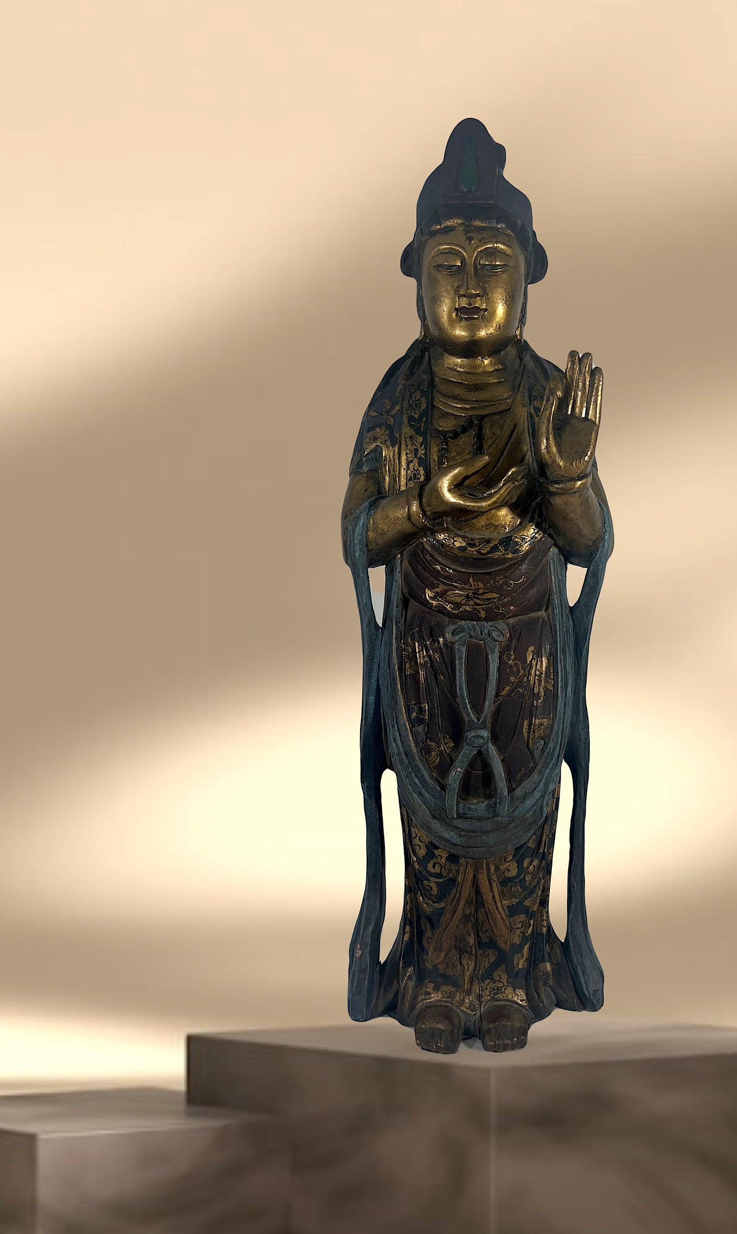 Late Qing Lacquer & Polychrome Carved Wood Figure of Guan Yin, Chinese Goddess of Compassion & Mercy Circa 1890