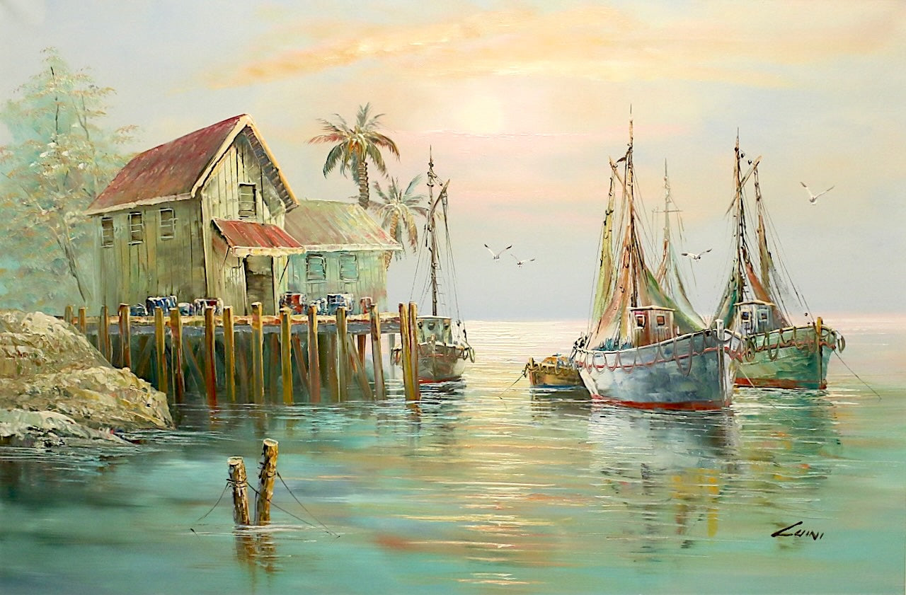 Anchored Fishing Boats in Key West at Sunset Mid Century Oil Painting on Canvas by John Luini