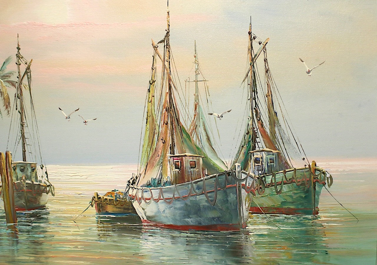 Anchored Fishing Boats in Key West at Sunset Mid Century Oil Painting on Canvas by John Luini