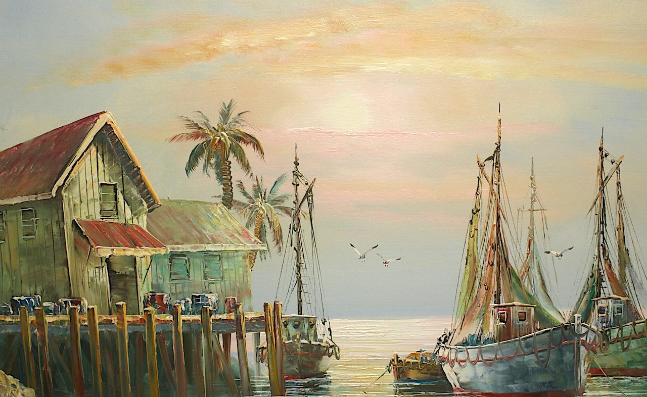 Anchored Fishing Boats in Key West at Sunset Mid Century Oil Painting on Canvas by John Luini