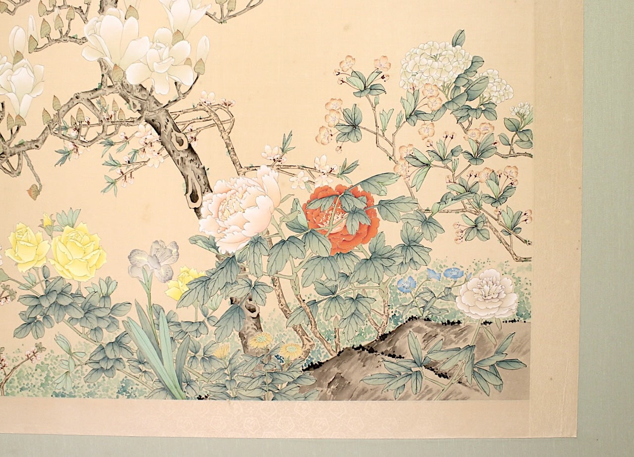 Large Chinese Floral Painting on Silk with Cherry Blossom Trees in Scroll Frame, Signed