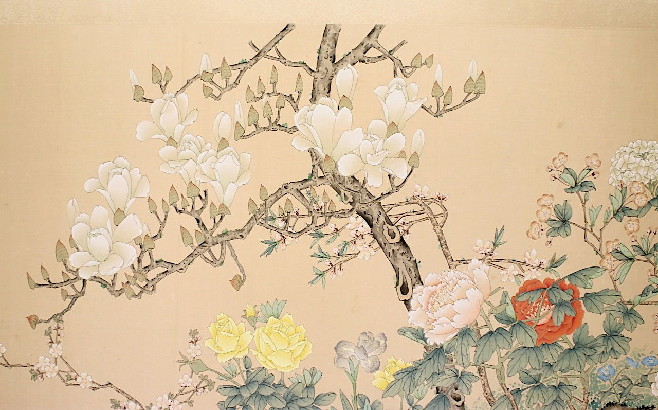 Large Chinese Floral Painting on Silk with Cherry Blossom Trees in Scroll Frame, Signed