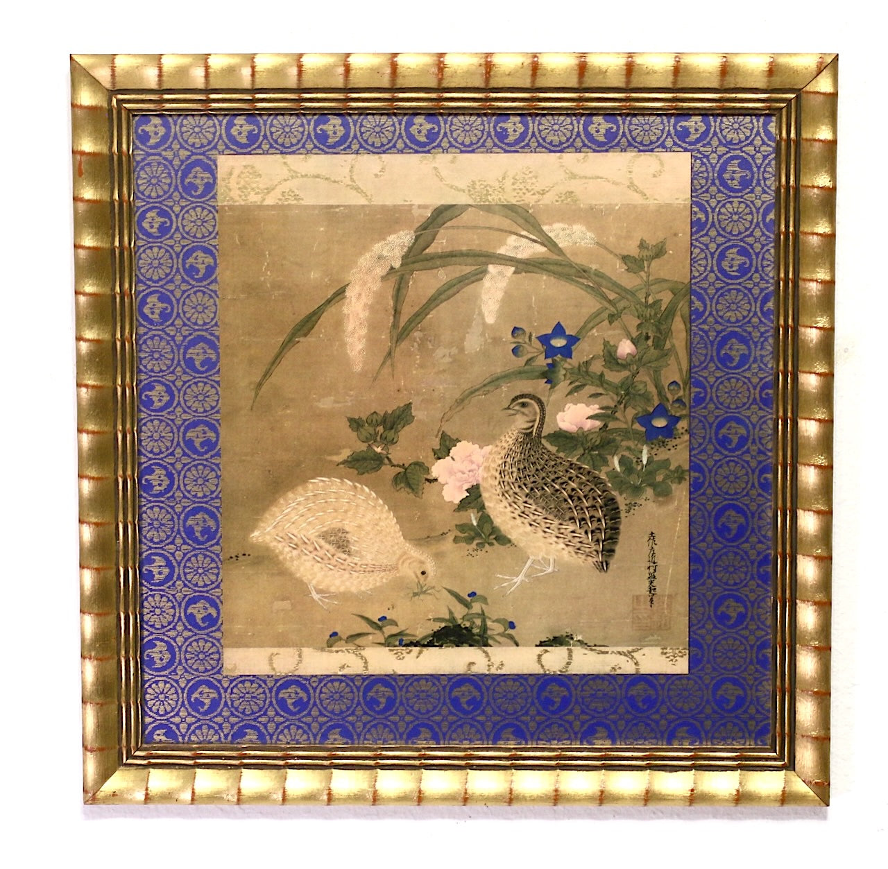 Vintage Chinese Offset Lithograph of a Pair of Quails Amongst Flowers in a Carved Giltwood Frame