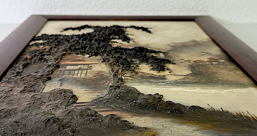 Rare Antique 19th. Century Edo Japanese Framed Lake and Landscape Signed Oil Paintings on Board, a Pair