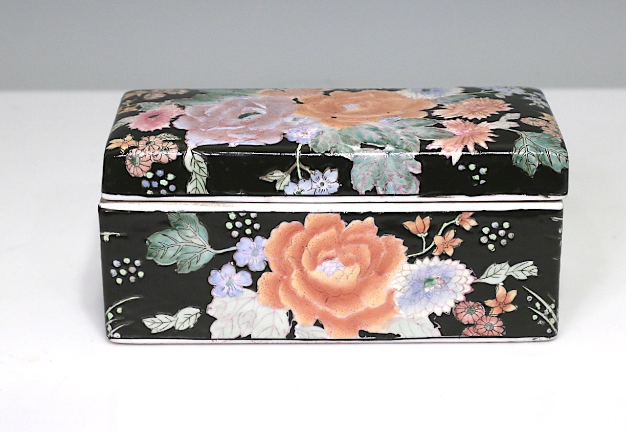 Vintage Chinese Famille Noire (Black) Porcelain Dresser Box with Orange Flowers, Qianlong Mark