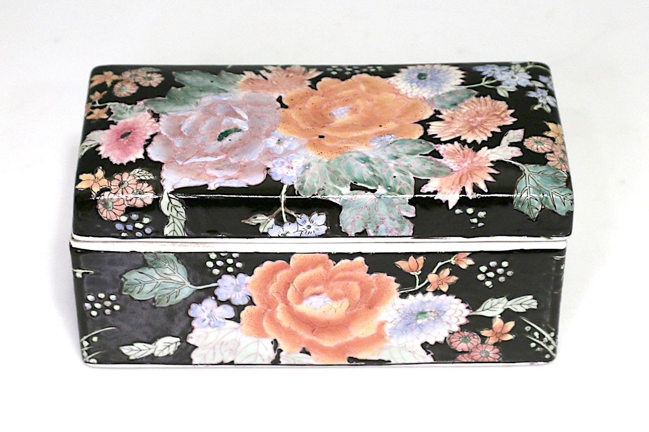 Vintage Chinese Famille Noire (Black) Porcelain Dresser Box with Orange Flowers, Qianlong Mark