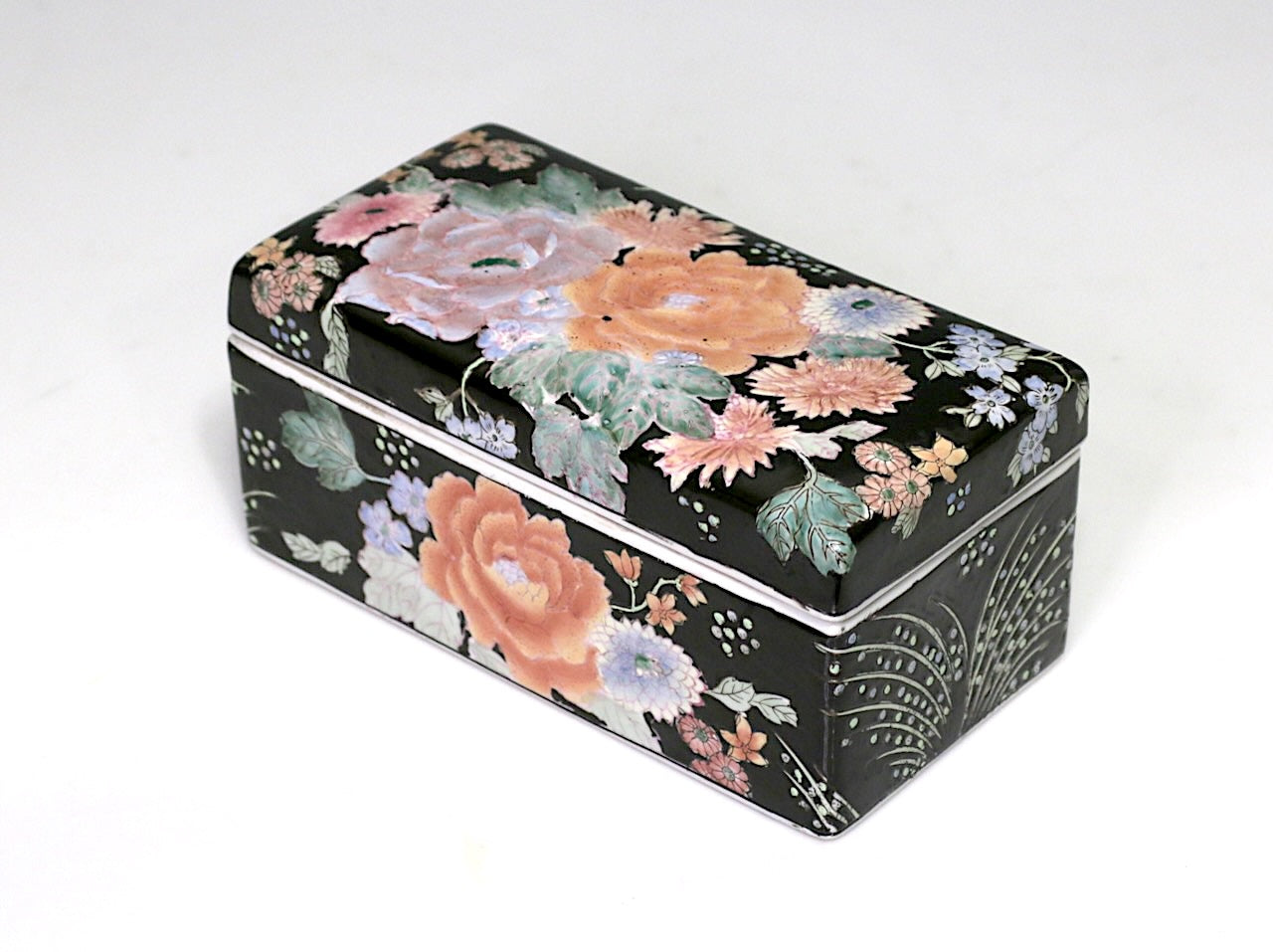 Vintage Chinese Famille Noire (Black) Porcelain Dresser Box with Orange Flowers, Qianlong Mark