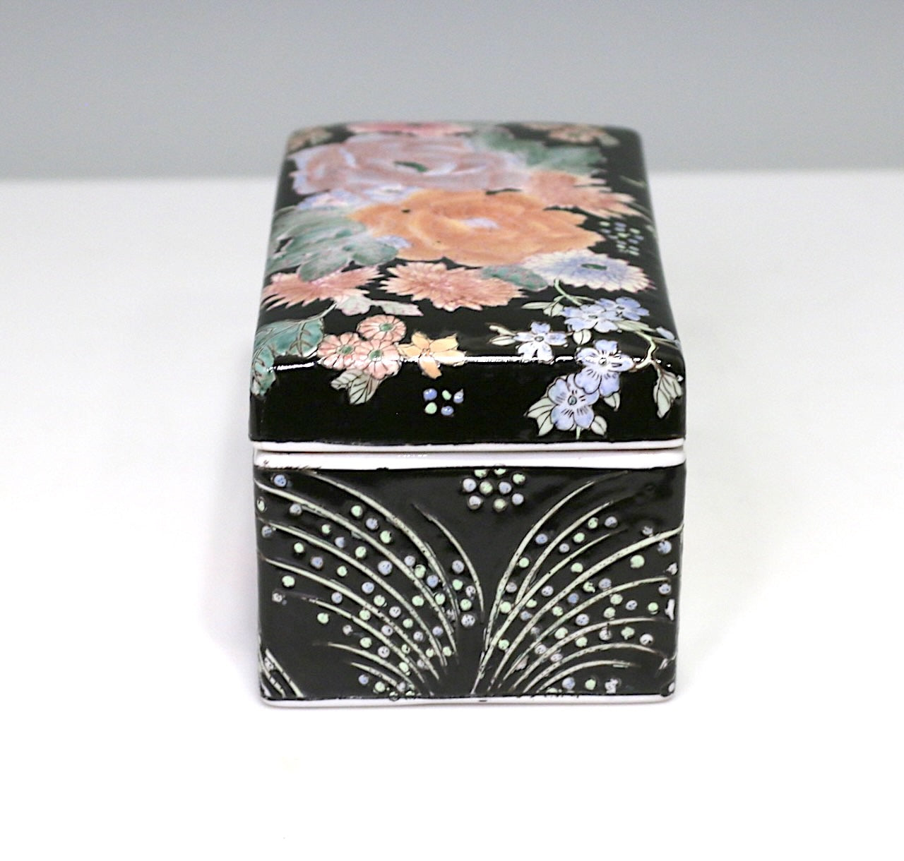 Vintage Chinese Famille Noire (Black) Porcelain Dresser Box with Orange Flowers, Qianlong Mark