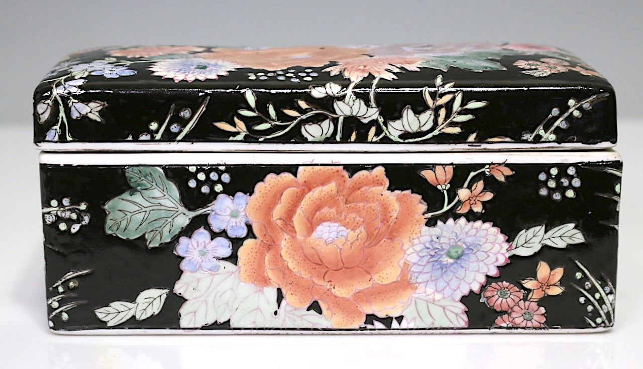 Vintage Chinese Famille Noire (Black) Porcelain Dresser Box with Orange Flowers, Qianlong Mark