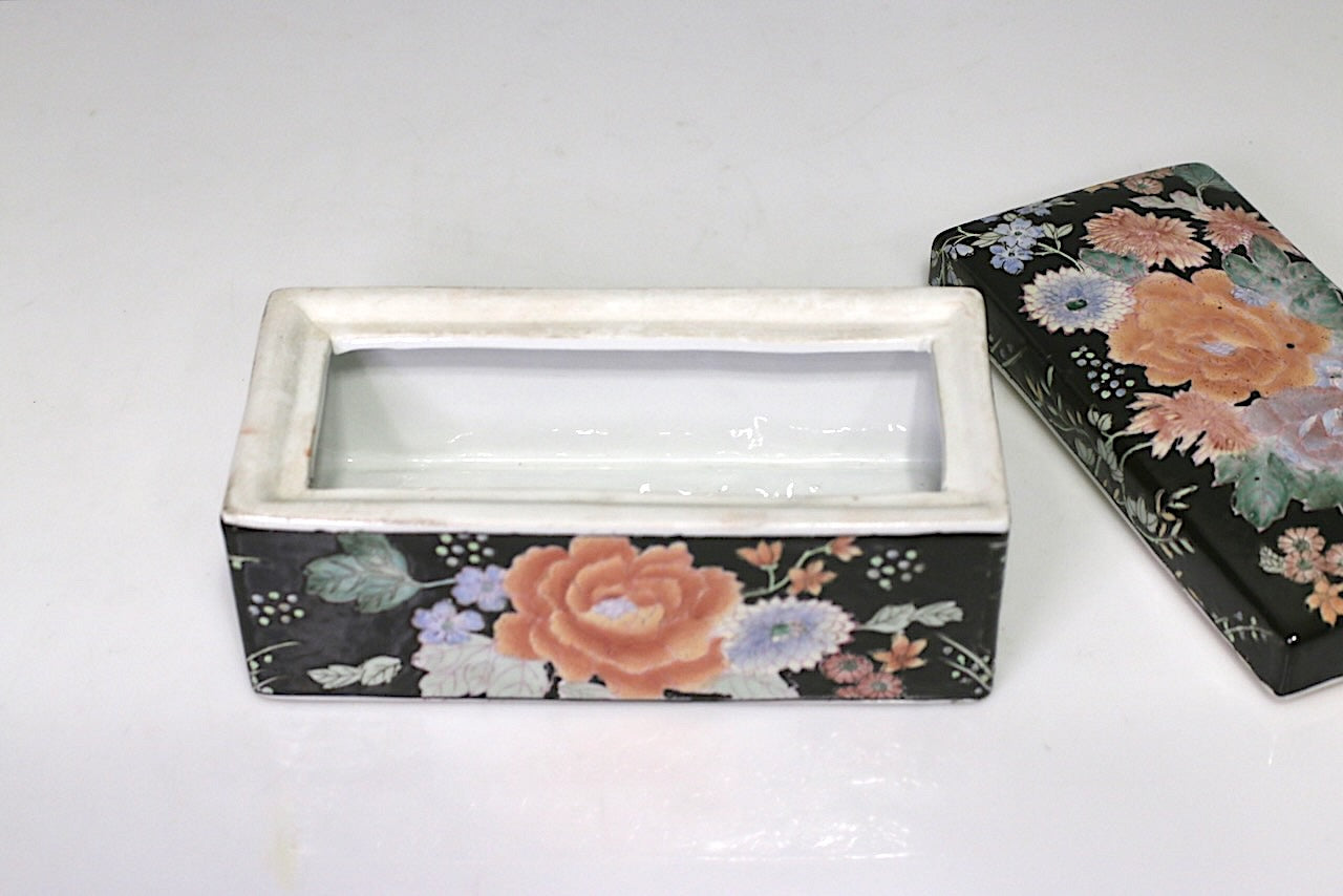 Vintage Chinese Famille Noire (Black) Porcelain Dresser Box with Orange Flowers, Qianlong Mark