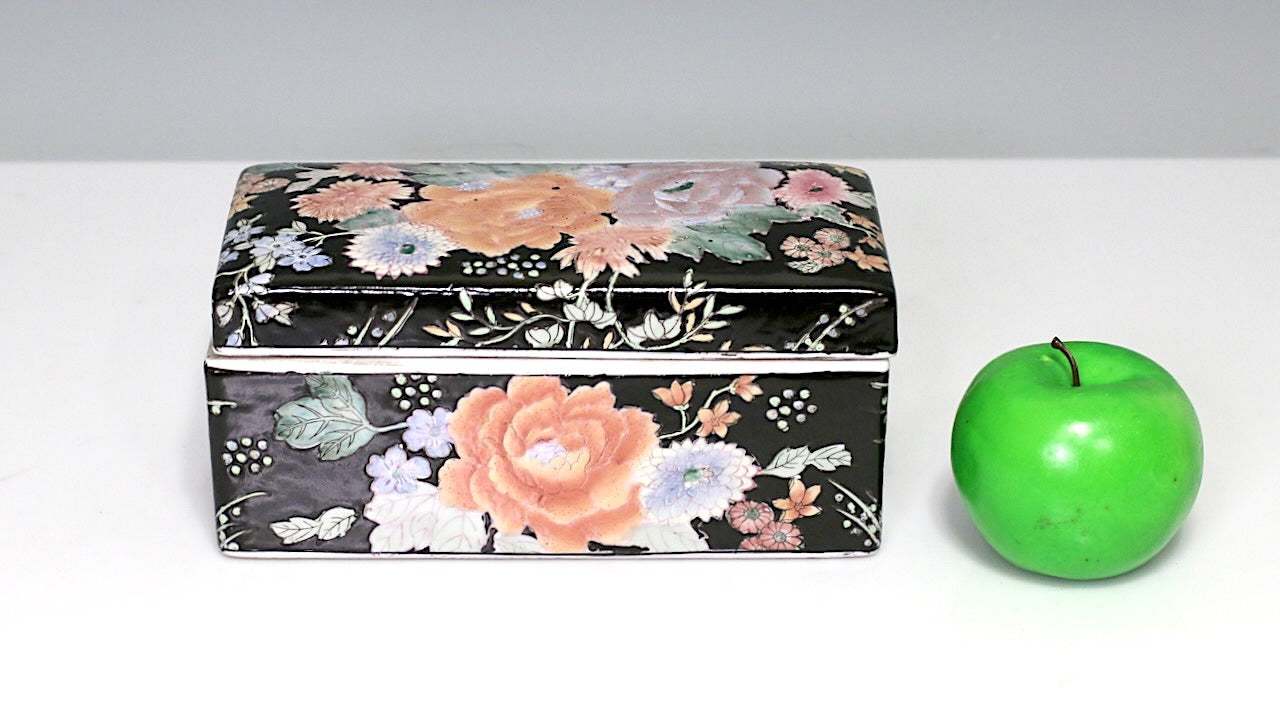 Vintage Chinese Famille Noire (Black) Porcelain Dresser Box with Orange Flowers, Qianlong Mark