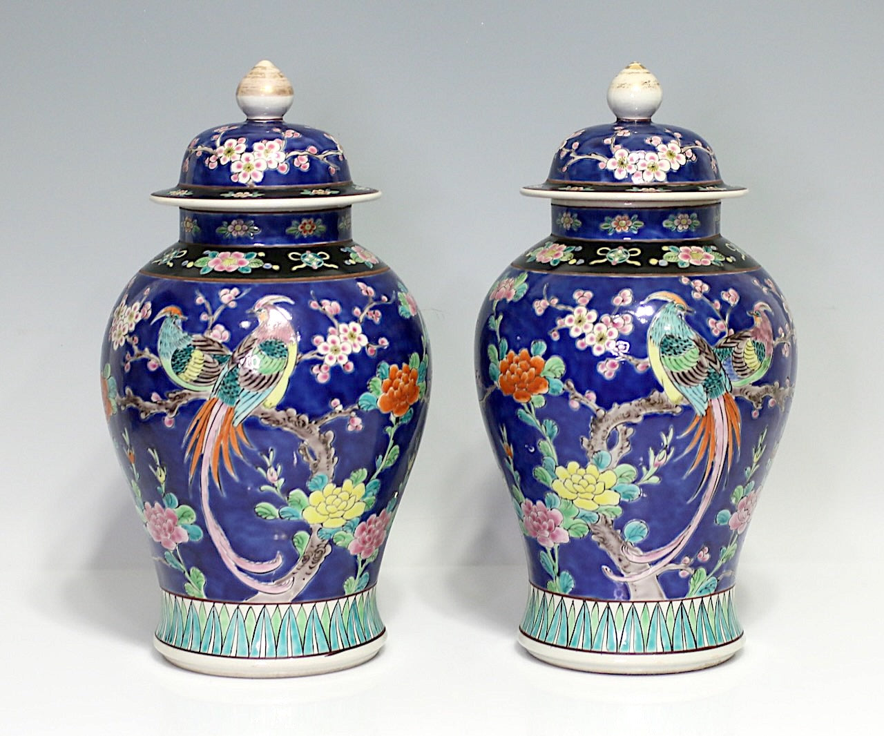 Antique Opposing Japanese Blue Yamatoku Porcelain Covered Urns / Vases With Cherry Blossom & Exotic Birds(1920's) Taisho Era, a Pair