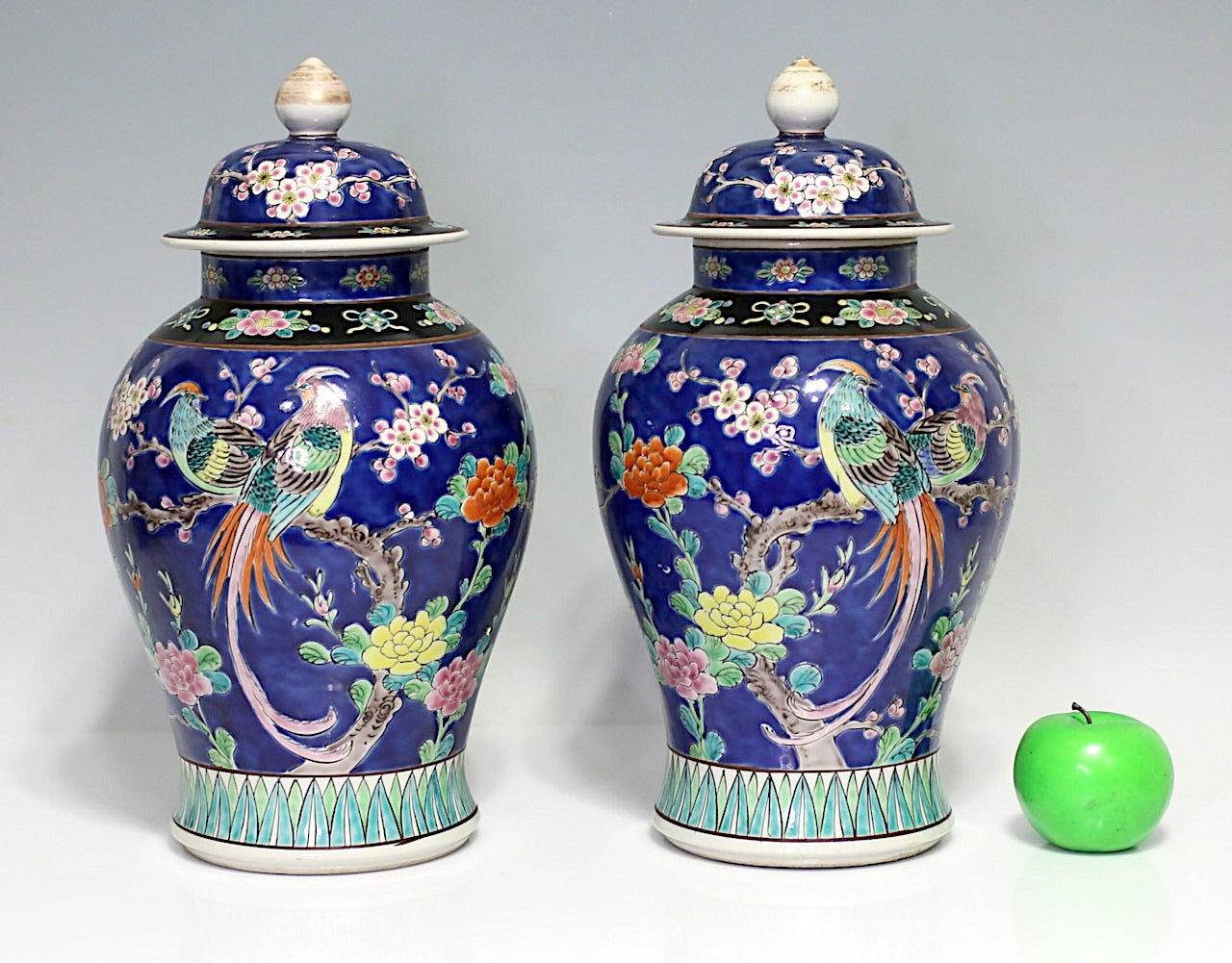 Antique Opposing Japanese Blue Yamatoku Porcelain Covered Urns / Vases With Cherry Blossom & Exotic Birds(1920's) Taisho Era, a Pair