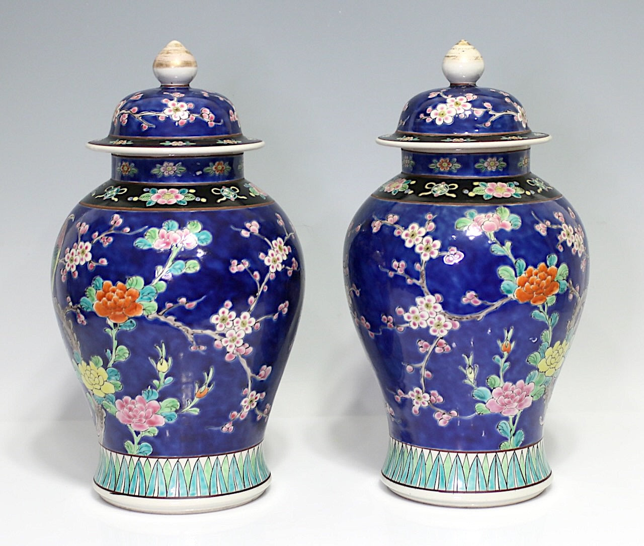 Antique Opposing Japanese Blue Yamatoku Porcelain Covered Urns / Vases With Cherry Blossom & Exotic Birds(1920's) Taisho Era, a Pair