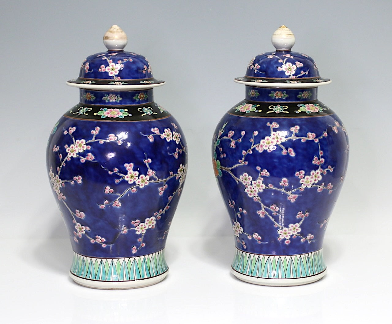 Antique Opposing Japanese Blue Yamatoku Porcelain Covered Urns / Vases With Cherry Blossom & Exotic Birds(1920's) Taisho Era, a Pair