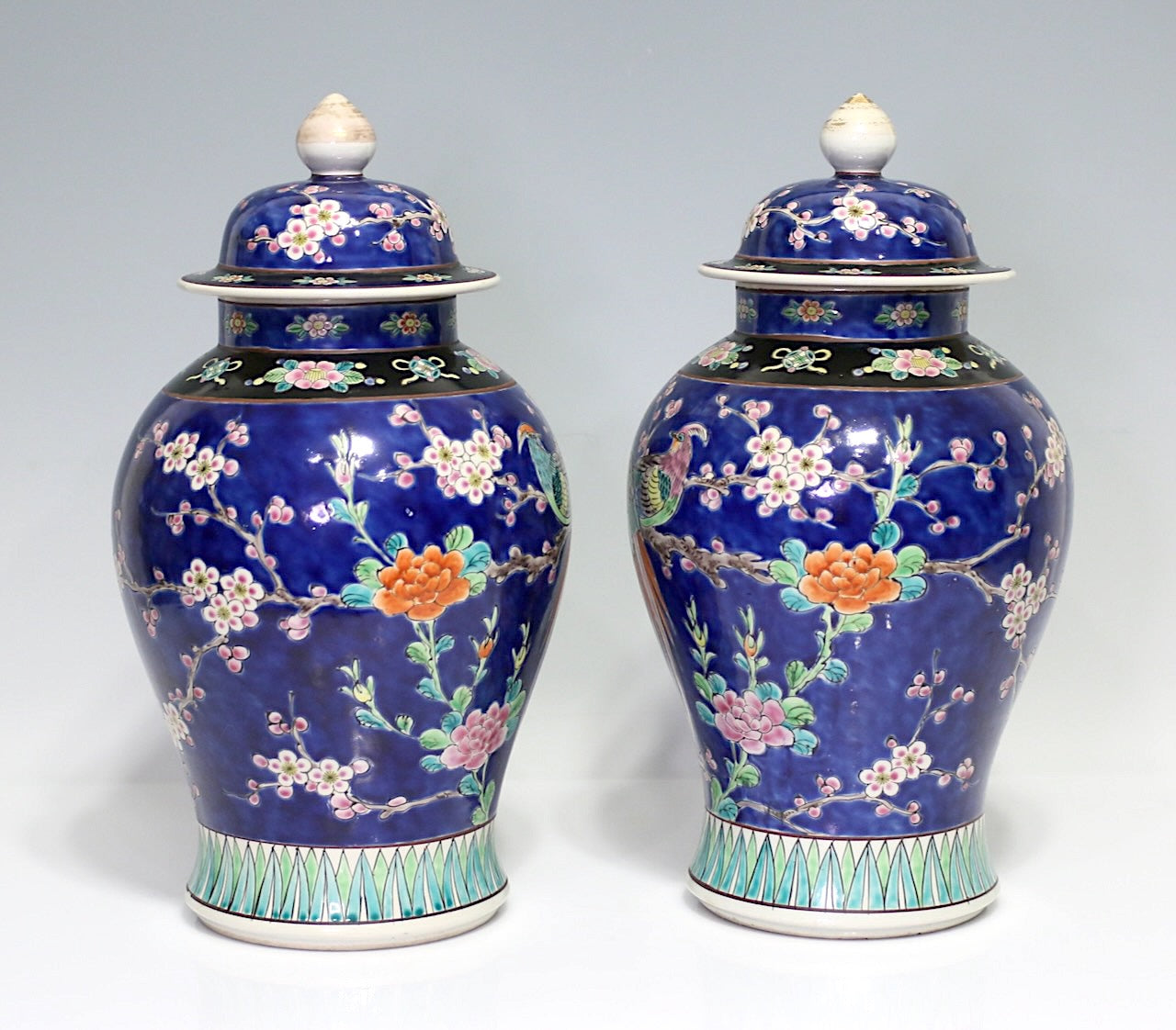 Antique Opposing Japanese Blue Yamatoku Porcelain Covered Urns / Vases With Cherry Blossom & Exotic Birds(1920's) Taisho Era, a Pair