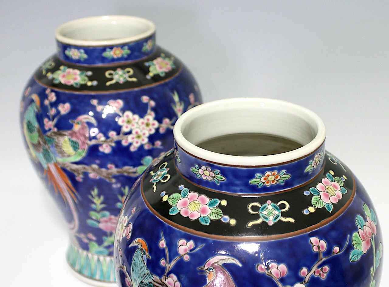 Antique Opposing Japanese Blue Yamatoku Porcelain Covered Urns / Vases With Cherry Blossom & Exotic Birds(1920's) Taisho Era, a Pair