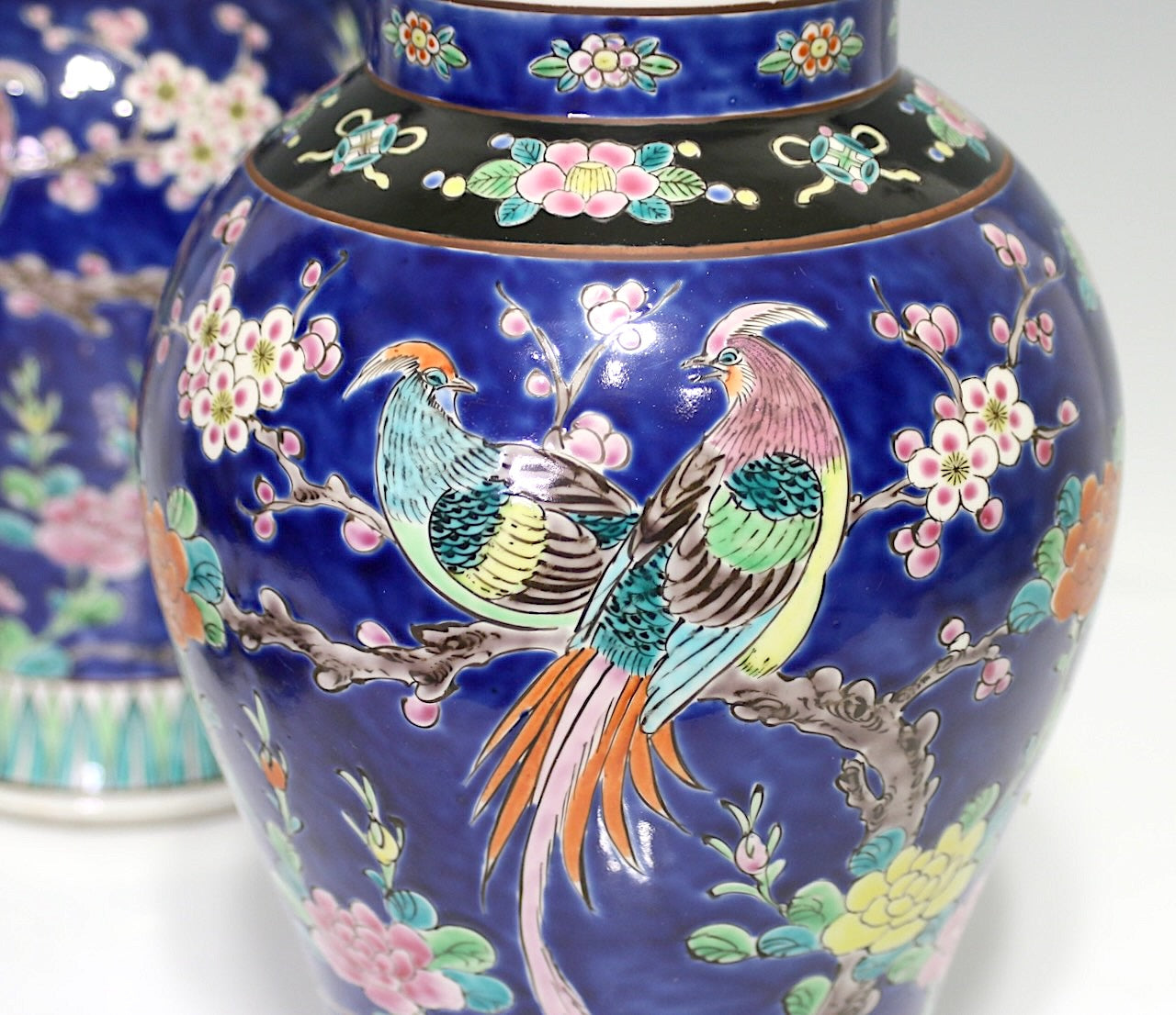 Antique Opposing Japanese Blue Yamatoku Porcelain Covered Urns / Vases With Cherry Blossom & Exotic Birds(1920's) Taisho Era, a Pair