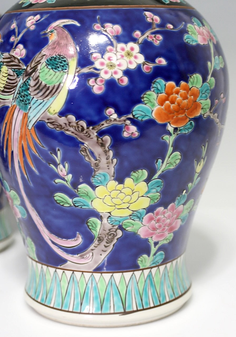 Antique Opposing Japanese Blue Yamatoku Porcelain Covered Urns / Vases With Cherry Blossom & Exotic Birds(1920's) Taisho Era, a Pair