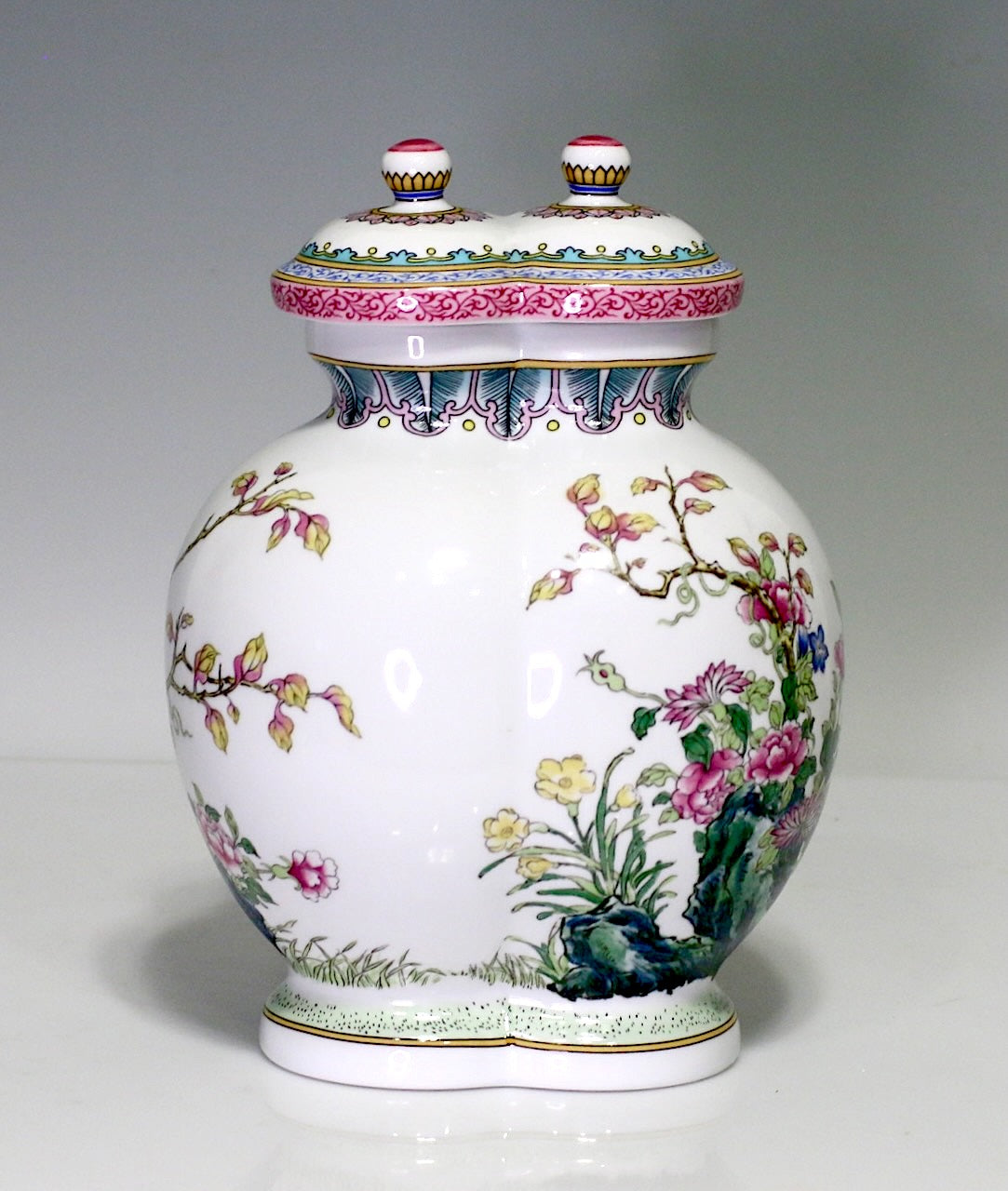 Chinese Famille Rose White Porcelain Conjoined Urns with Flowers & Birds (Vase)