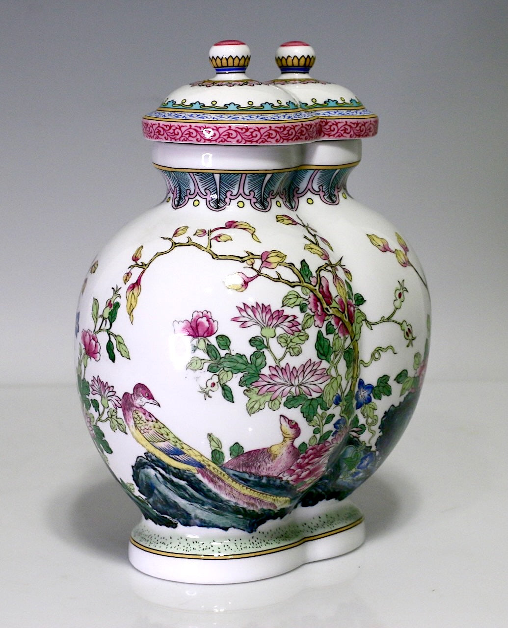 Chinese Famille Rose White Porcelain Conjoined Urns with Flowers & Birds (Vase)