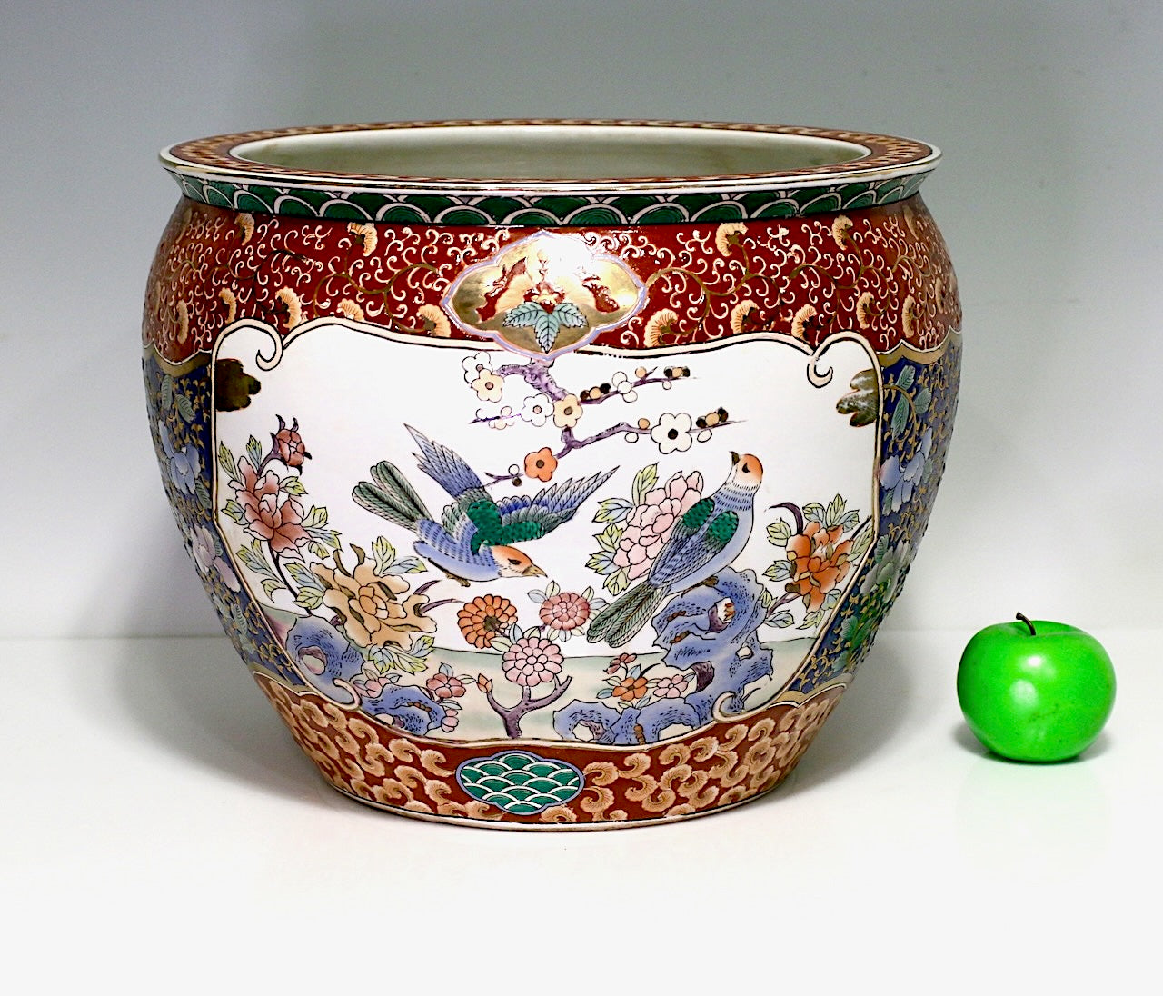 Large Chinese Export White Porcelain "Fish Bowl" Planter With Prunus, Birds and Flowers